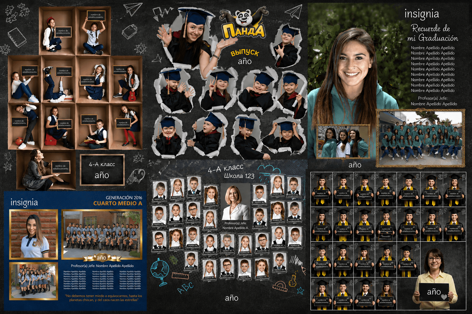 Ejemplos del catálogo de cuadros de graduación FAU.MONS, con fotografías individuales y grupales de distintos cursos
