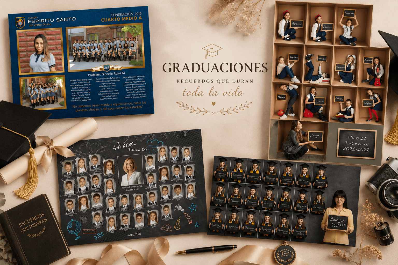 Mosaico de referencia con plantillas de cuadro de graduación: retrato individual, foto grupal del curso y detalles decorativos.
